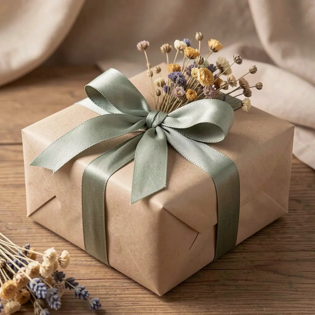 Beautifully wrapped gift with sage ribbon and dried flowers