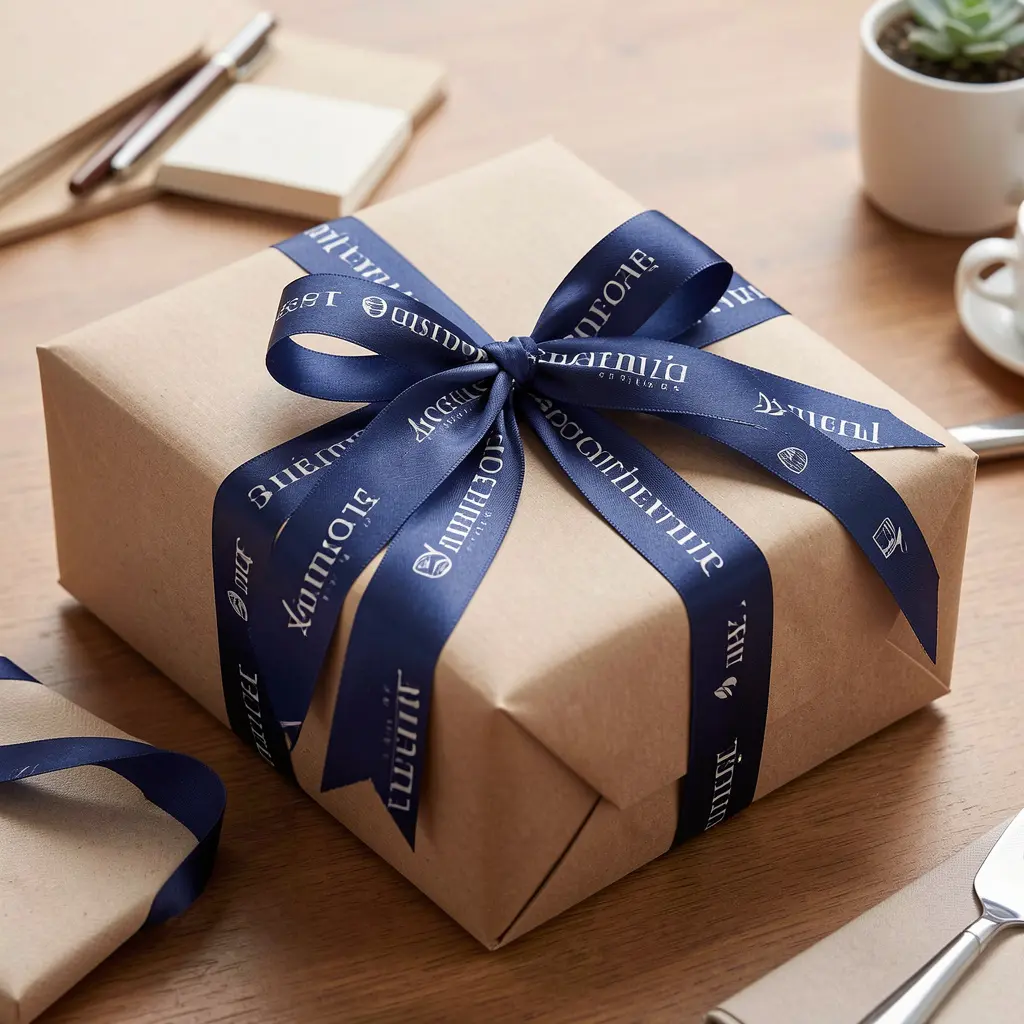 Professional corporate gift wrapping with branded ribbon