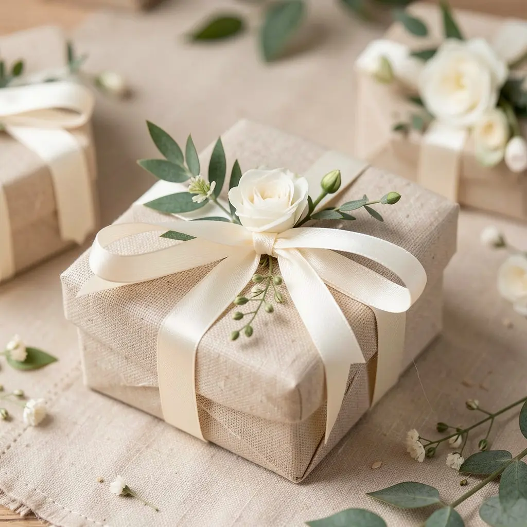 Handmade wedding favours with cream ribbon and botanical elements