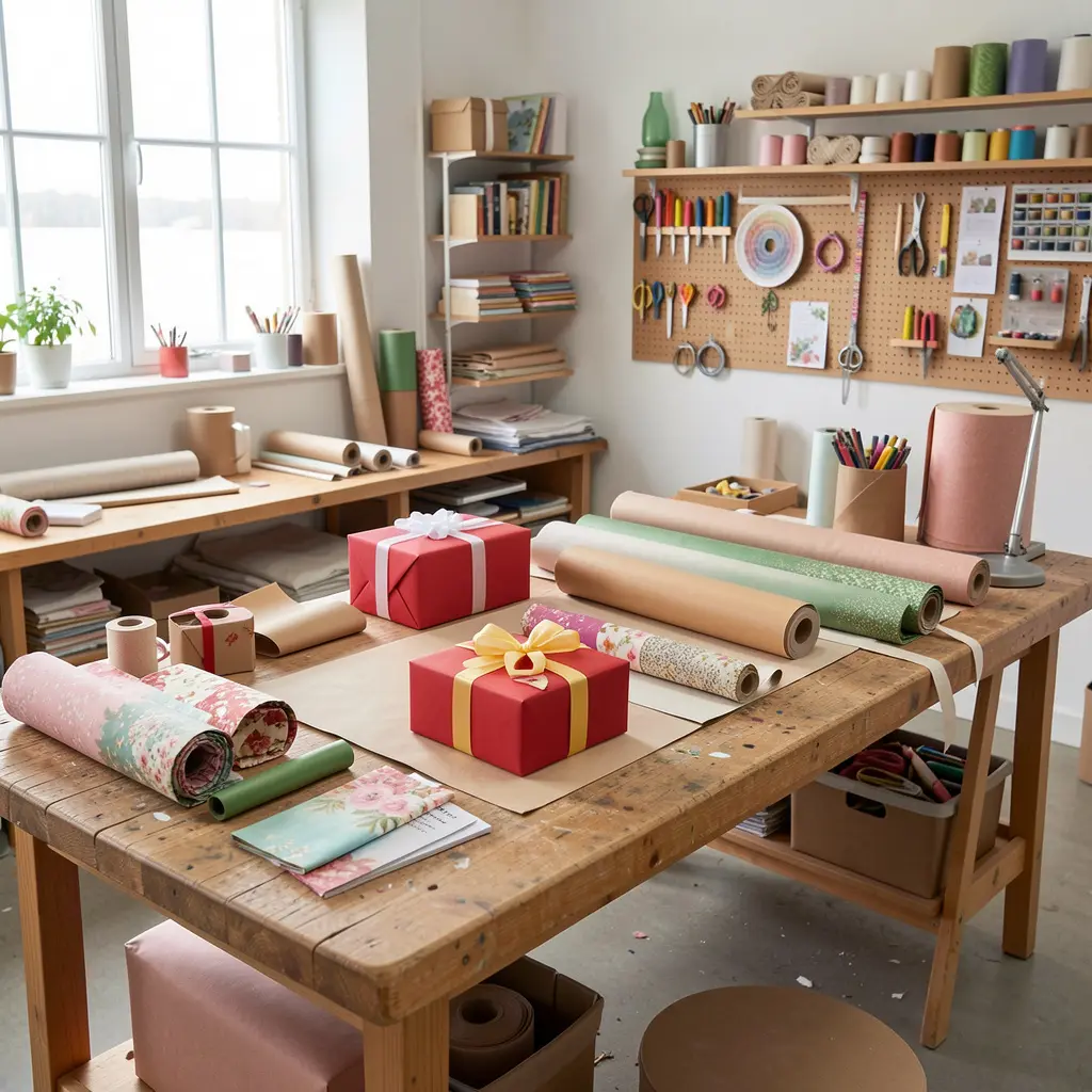 Gift wrapping studio workspace with materials